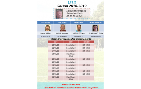 Calendrier de reprise U13 saison 2018-2019