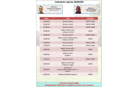 Calendrier de reprise Séniors saison 2018-2019