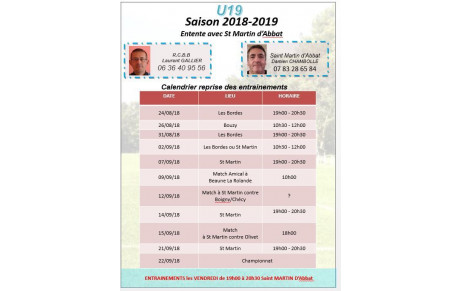Calendrier reprise U19 saison 2018-2019