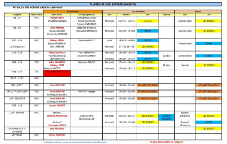 Planning entrainements saison 2018 / 2019