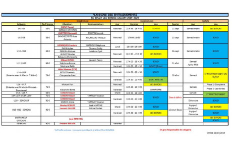 Planning entrainements &amp; Matchs saison 2018 / 2019