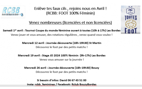 Opération toutes foot au RCBB: tu es une fille, rejoins nous en AVRIL !